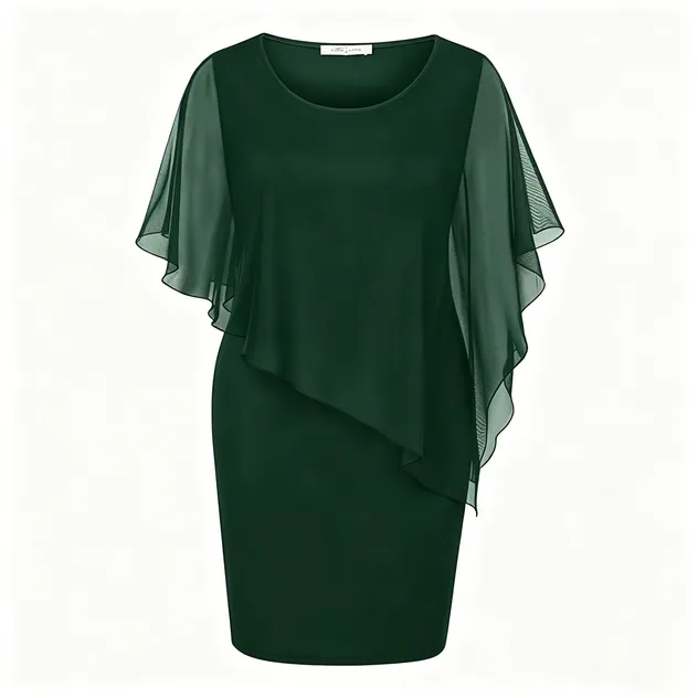 Vestido Midi Bodycon Lápis com Manga de Chiffon Verde Escuro para Mulheres Plus Size, Elegante para Casamento, Convidada, Evento Formal e Festa