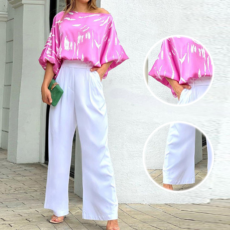 Conjunto de Duas Peças com Estampa Doce, Gola Redonda, Camiseta Curta e Calça Larga, Roupas Femininas