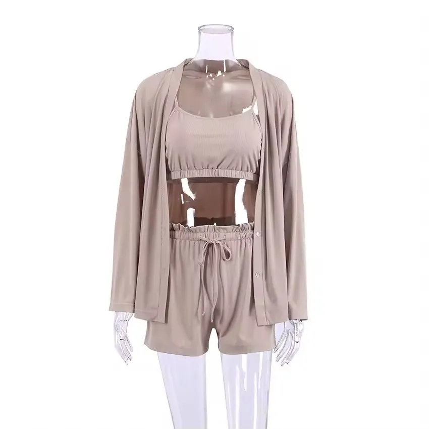 Roupas de Lazer de Luxo com Logo Personalizado Pijamas de Waffle 3PCS