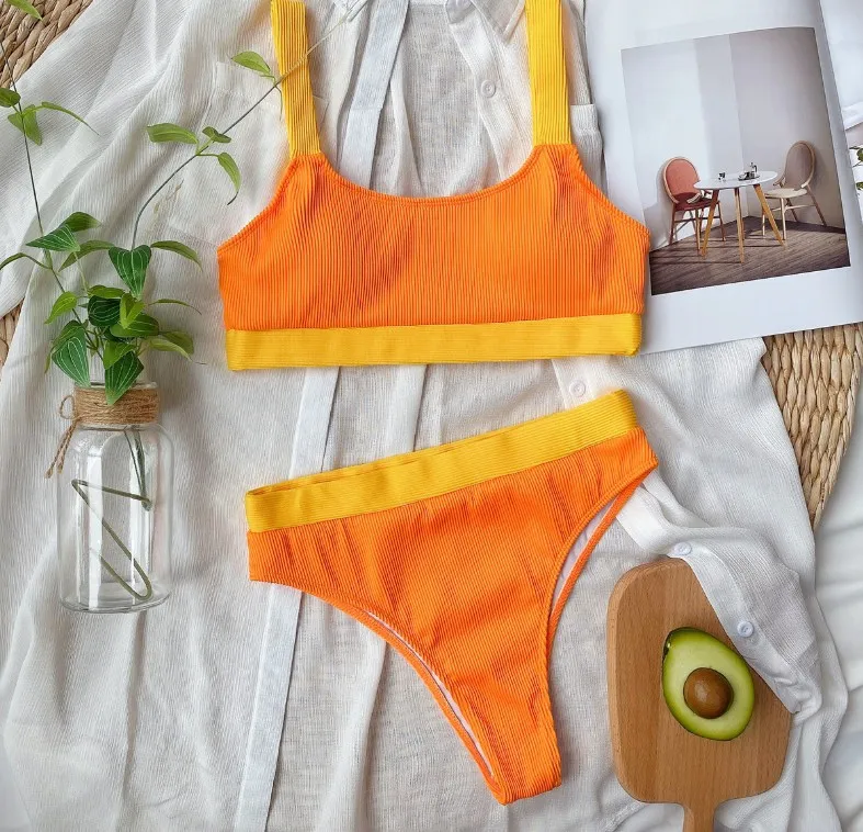 Tirante Largo de Cor Contrastante Moda de Praia Sexy para Mulher