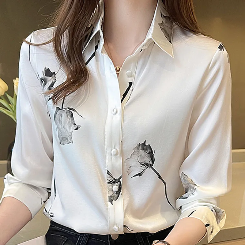 Blusas de Seda Satinada para Mulheres, Camisas de Moda Coreana com Manga Longa, Camisa com Botão, Roupas para Escritório, Lady Floral com Decote em V
