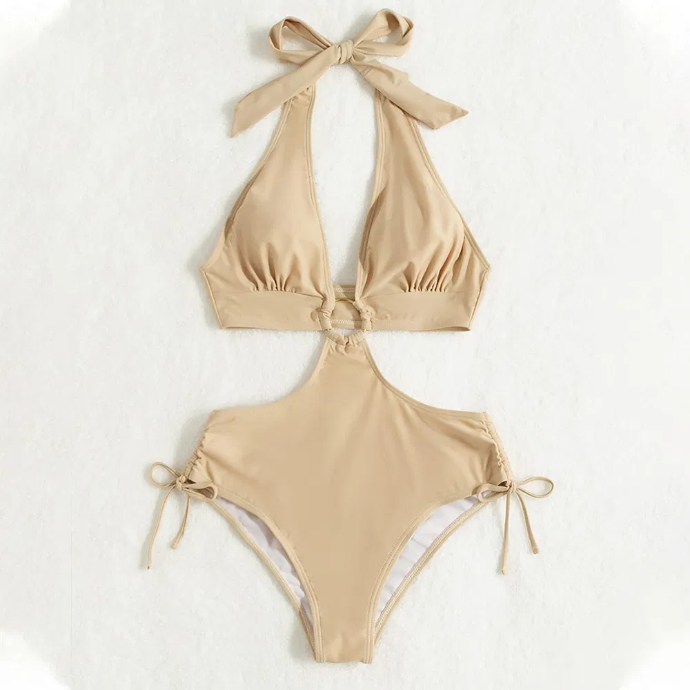 Maiô Feminino de Halter com Recortes e Anéis, Alta Cintura, Uma Peça, S, Roupa de Banho para Natação, Praia