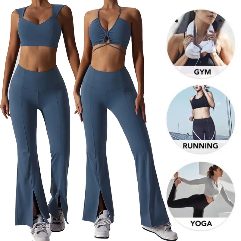 Roupas de treino de pilates para mulheres, personalizadas, com sutiã esportivo estiloso + leggings flare de cintura alta, vestuário de fitness para yoga, roupas casuais de atividade