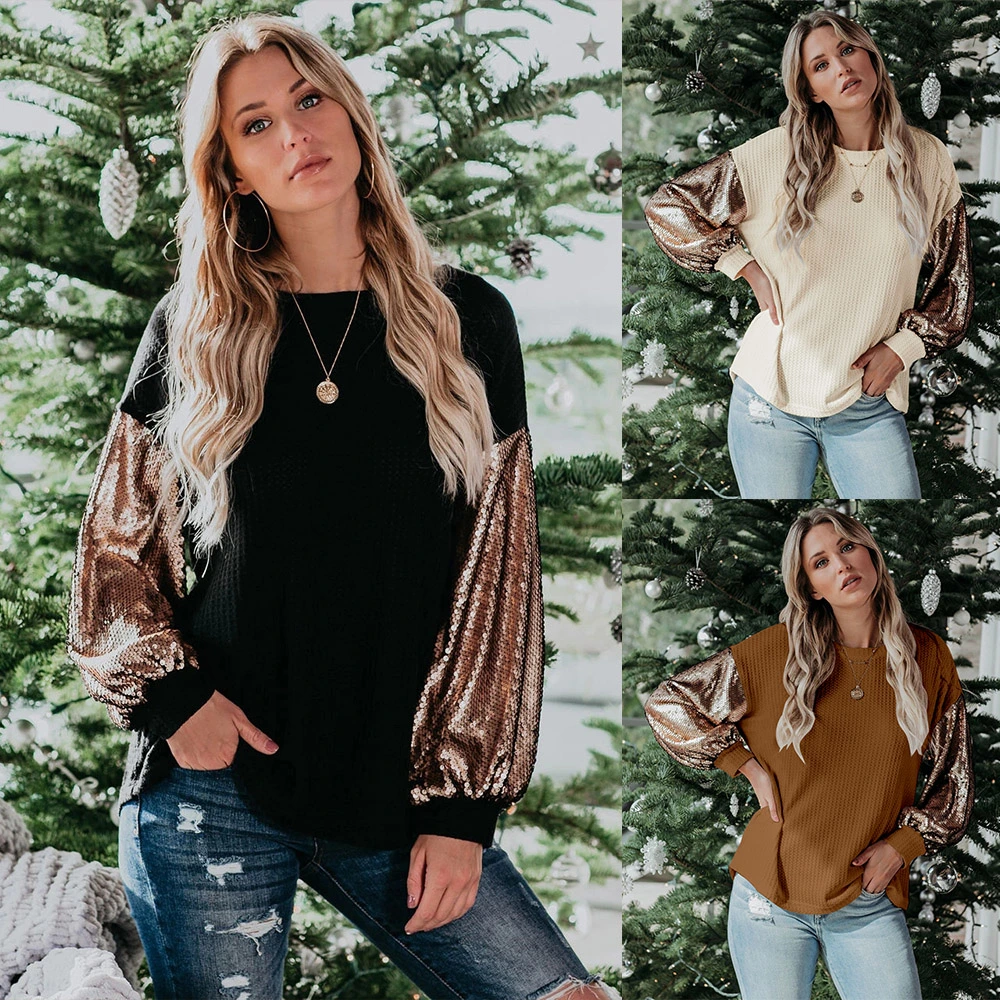 Novo estilo quente de outono e inverno, suéter solto com paetês e costura em contraste, camisetas que combinam com tudo, roupas femininas, vestuário feminino