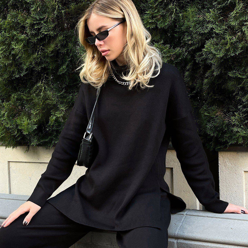 Suéter de Gola Alta com Ribs para Mulheres - Tricô de Viscose Confortável, Suéter de Manga Longa com Corte Solto - Design Estiloso com Ribs para Mulheres, Sem MOQ
