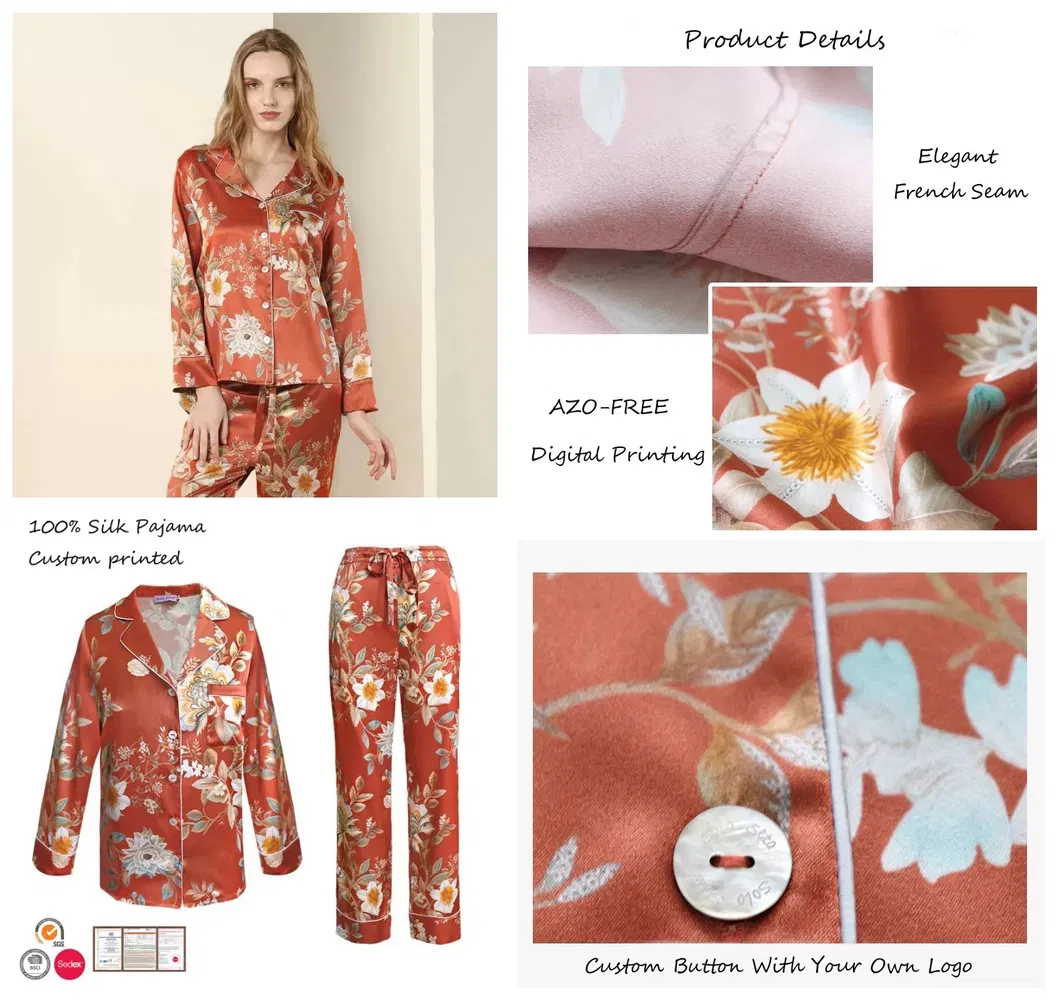 Conjunto de Pijamas Longos de Seda Personalizados para Mulheres em Moda Casual