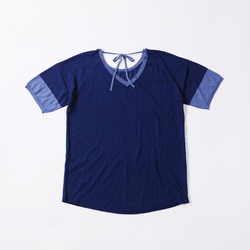 Suéter de malha feminino de verão com gola redonda estilo colegial azul marinho, manga curta