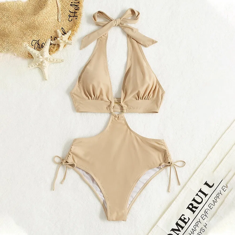 Maiô Feminino de Halter com Recortes e Anéis, Alta Cintura, Uma Peça, S, Roupa de Banho para Natação, Praia
