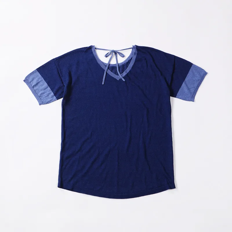 Suéter de malha feminino de verão com gola redonda estilo colegial azul marinho, manga curta