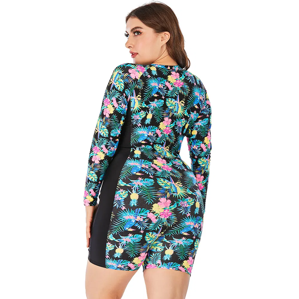 Maiô feminino de manga longa com proteção solar, tamanhos grandes, moda de praia para mulheres acima do peso