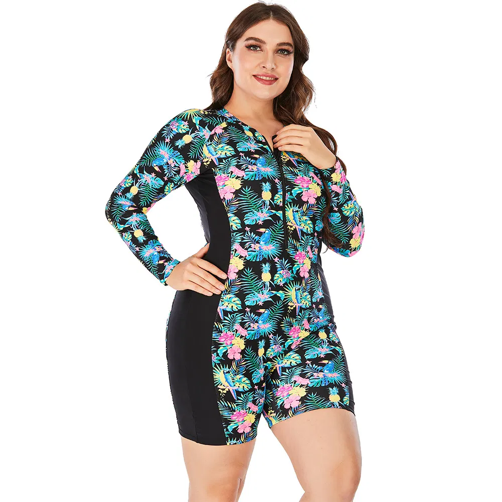 Maiô feminino de manga longa com proteção solar, tamanhos grandes, moda de praia para mulheres acima do peso