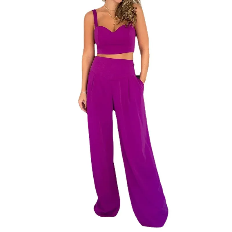 Personalização por atacado Conjuntos de duas peças femininos Blusas cropped de cor sólida Calças de perna larga Roupas femininas