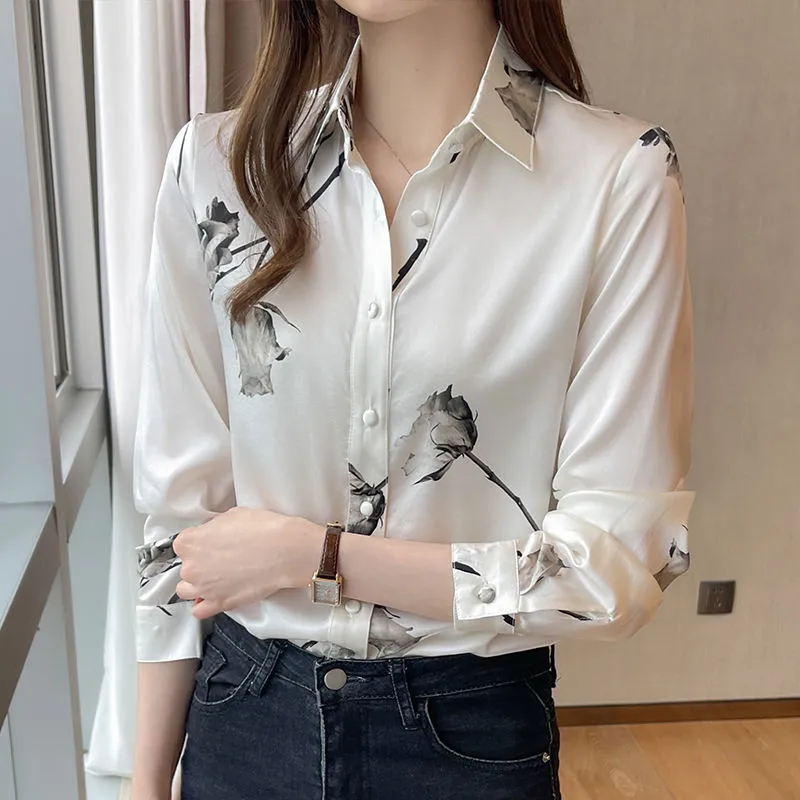 Blusas de Seda Satinada para Mulheres, Camisas de Moda Coreana com Manga Longa, Camisa com Botão, Roupas para Escritório, Lady Floral com Decote em V