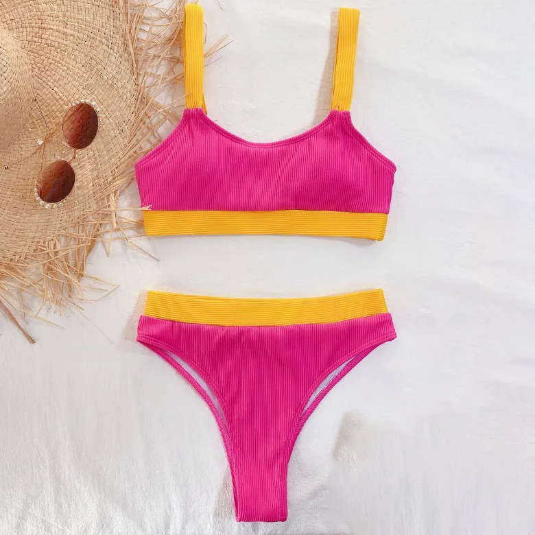 Tirante Largo de Cor Contrastante Moda de Praia Sexy para Mulher