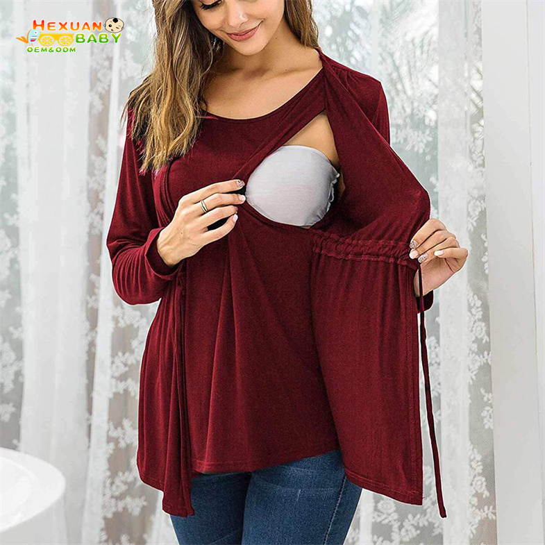 Camiseta de Manga Longa para Amamentação com Dupla Camada Elegante Roupas de Maternidade para Mamãe 2025