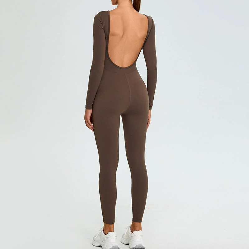 Roupas Femininas Personalizadas, Nude Sense, Macacão de Yoga de Manga Longa, Traje Esportivo com Costas Bonitas em Forma de U, Conjunto para Corrida e Fitness