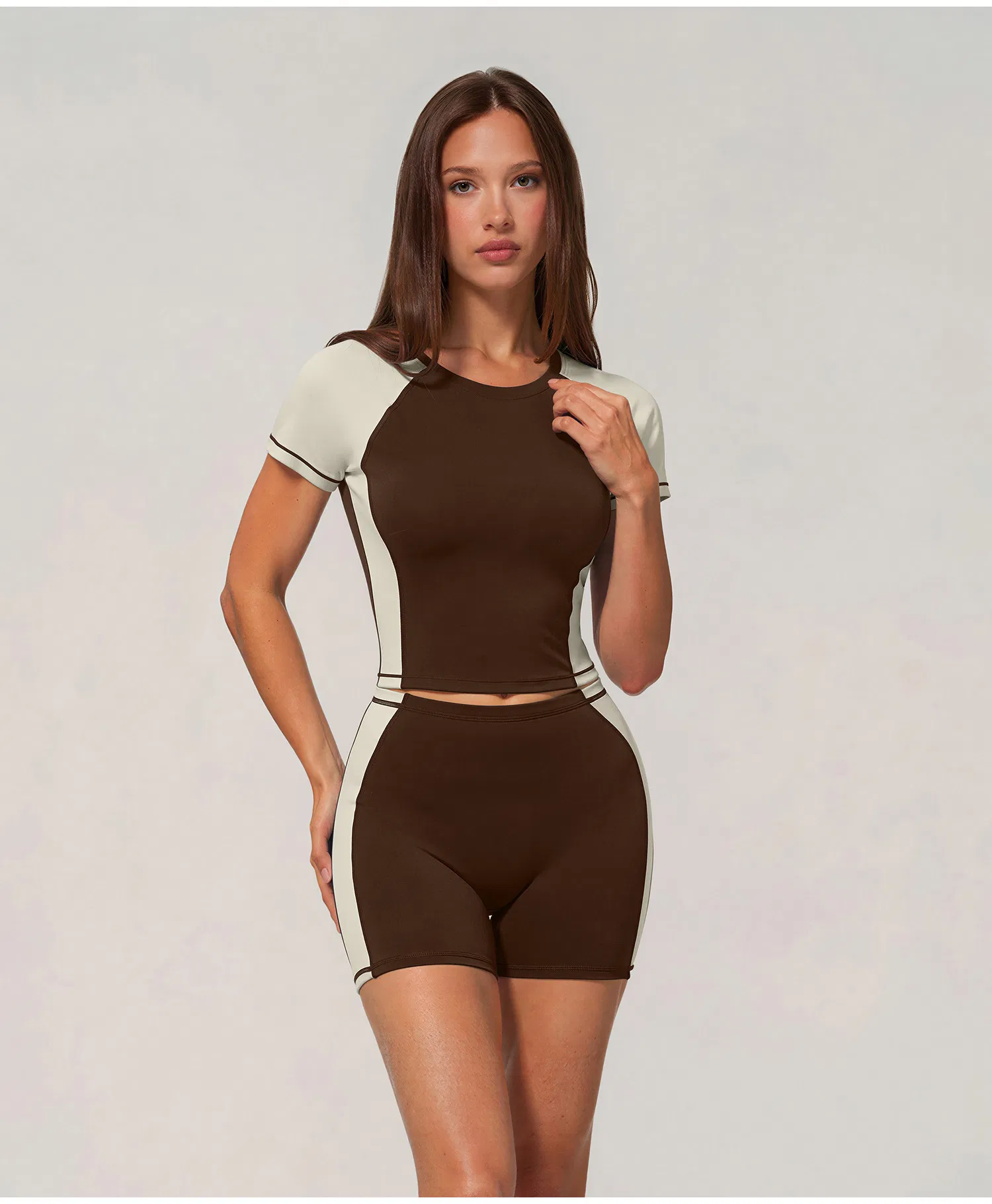 Blusas de Tecido em Bloco de Cores para Mulheres, Camisetas, Shorts com Rabo de Sereia, Roupas de Marca Privada
