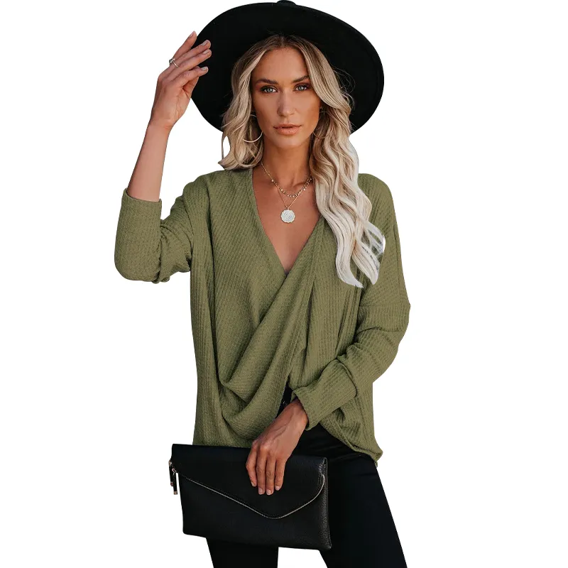 Estilo Casual Sólido Camisetas de Manga Longa Decote em V Moda Roupas Femininas
