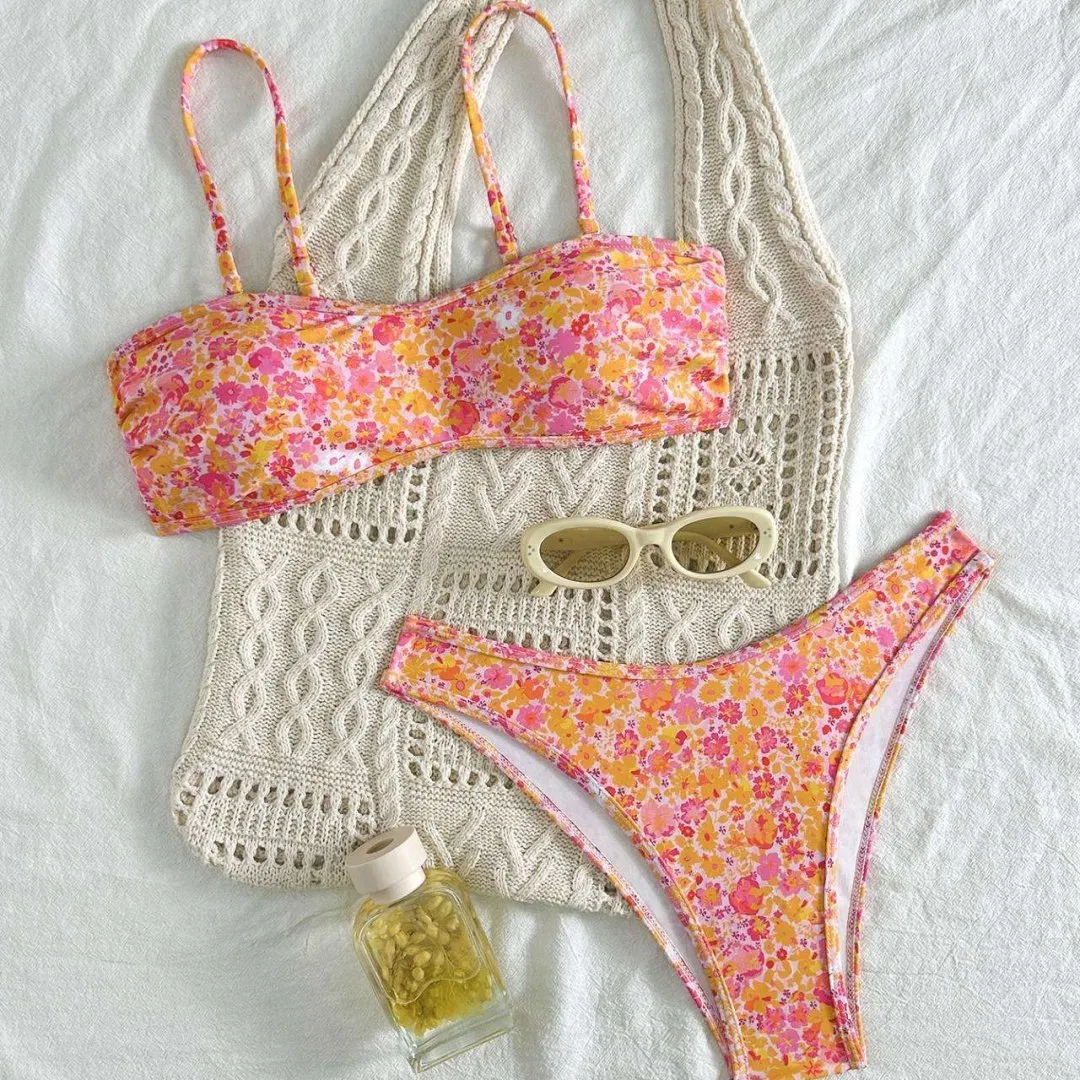 Conjunto de Biquíni Dois Peças Tanga Cintura Alta Controle de Barriga Estampado Moda Praia para Mulheres