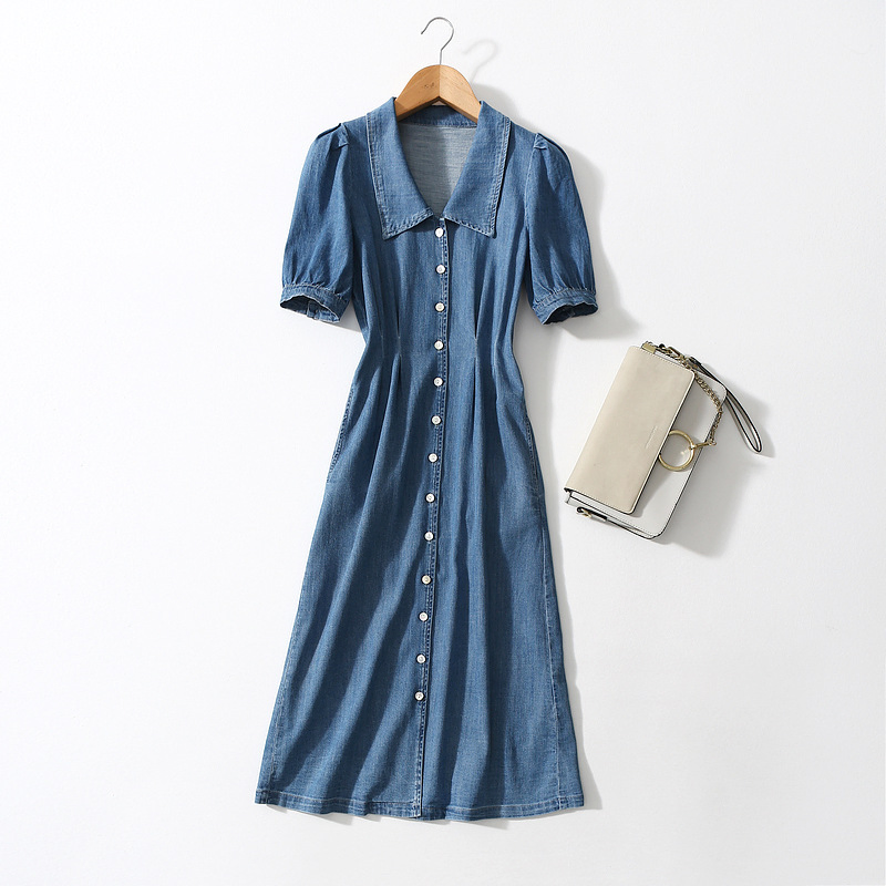 Vestido Maxi de Denim Estiloso para Mulheres, Vestido de Jeans Popular para o Verão e Primavera, Vestido de Algodão Clássico com Impressão DTG, Vestido com Logotipo Personalizado, OEM ODM, Roupas Personalizadas, Preço de Atacado