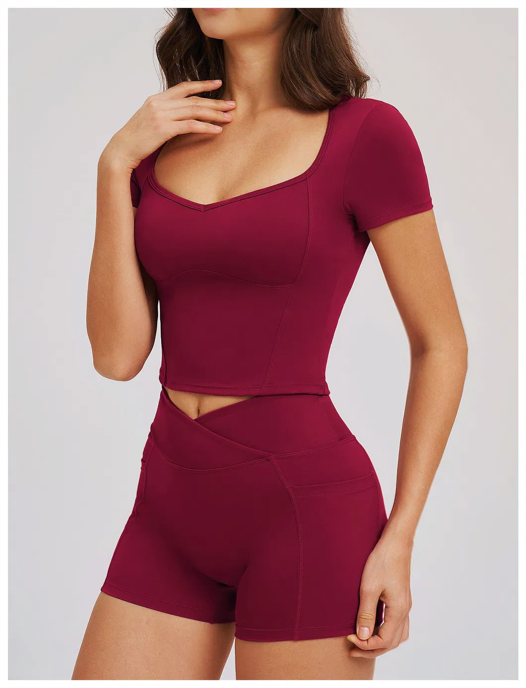 Blusa de Gola Alta Justa para Yoga com Mangas Curtas para Mulheres - Detalhe 1