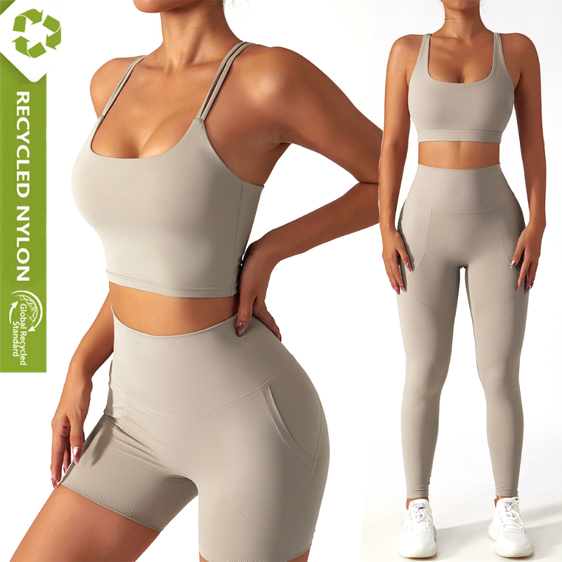 Conjuntos de Roupas de Atividade Sustentáveis, Conjuntos de Treino Reciclados, Top de Yoga Costas Nadador, Leggings Atletas com Bolsos Laterais