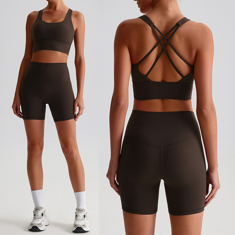 Conjuntos de Treino Femininos 2 Peça Roupas de Yoga Leggings de Cintura Alta + Sutiã Esportivo com Costas Cruzadas de Suporte Médio Roupas de Academia