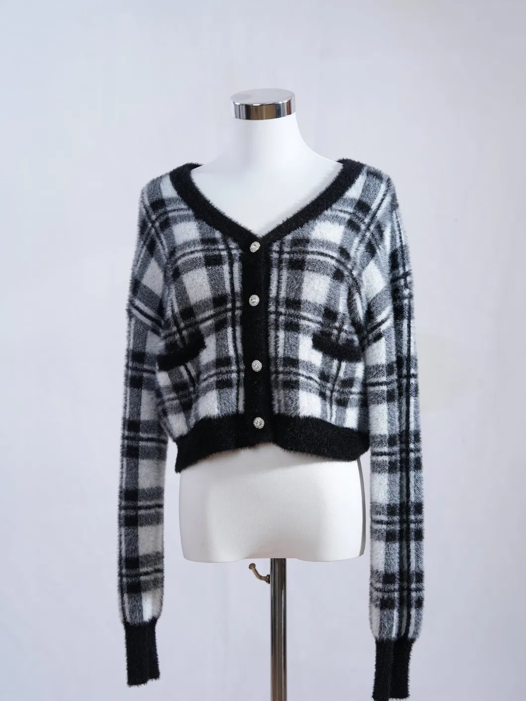 Cardigã de Malha Fuzzy de Nylon Xadrez Feminino 100% Moda Urbana