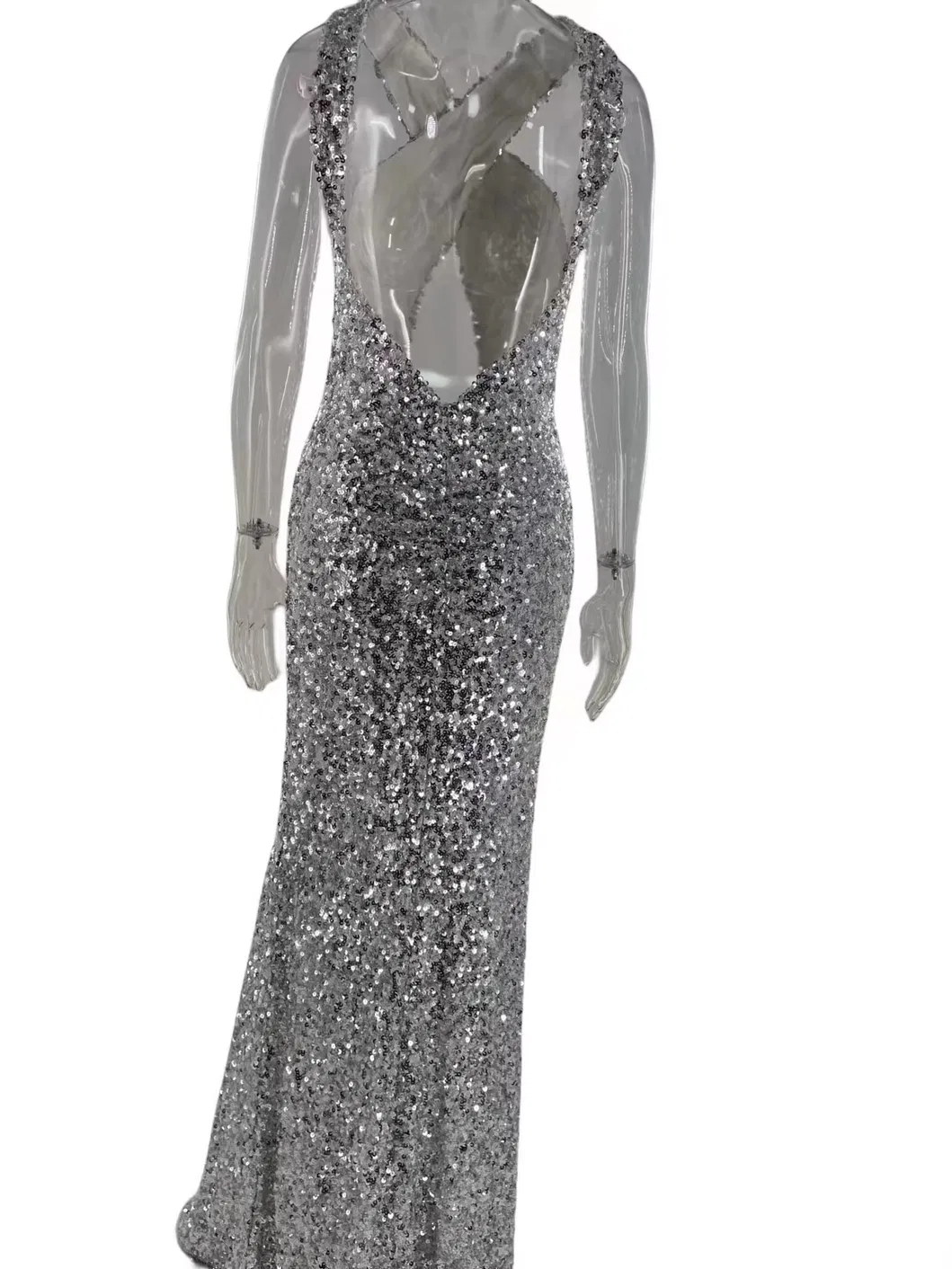 Vestido de Festa Longo Prateado Feminino com Costas Abertas, Moda Sexy para Mulheres