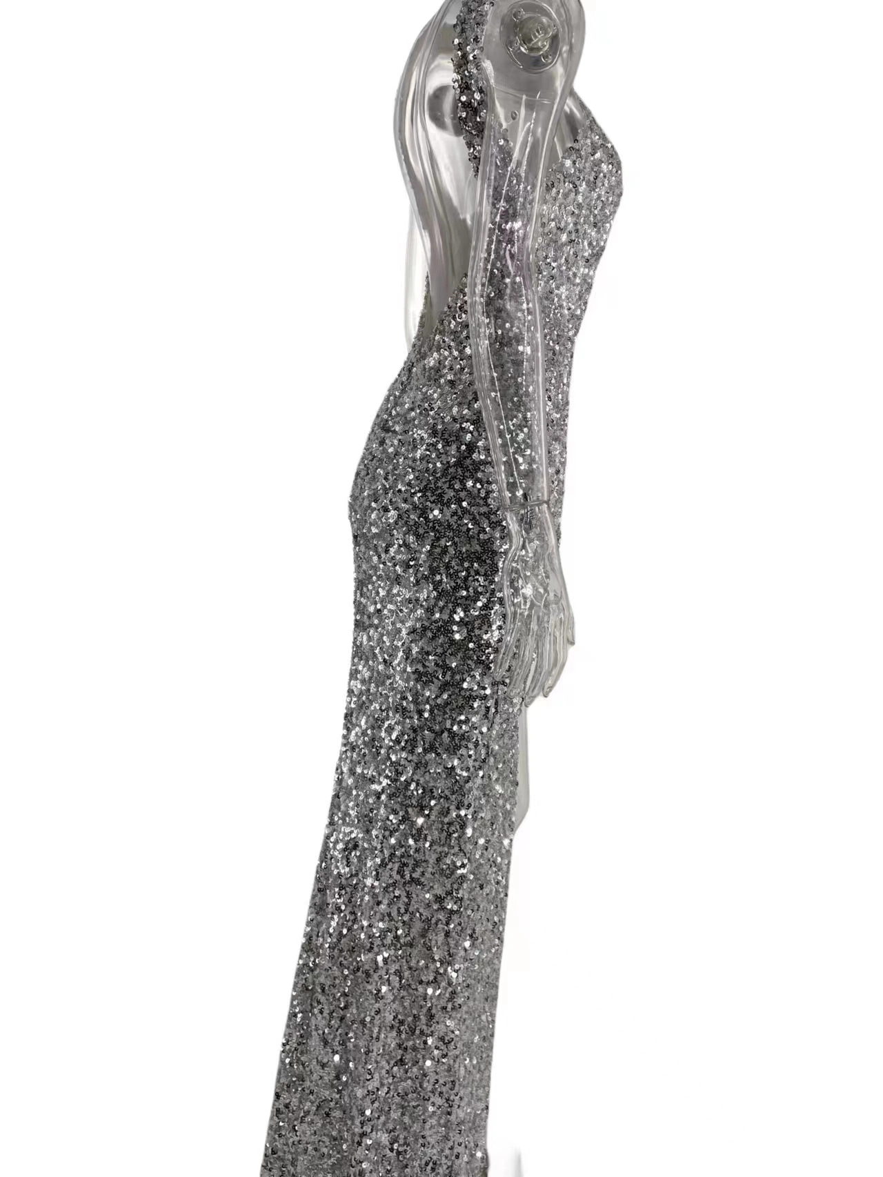 Vestido de Festa Longo Prateado Feminino com Costas Abertas, Moda Sexy para Mulheres