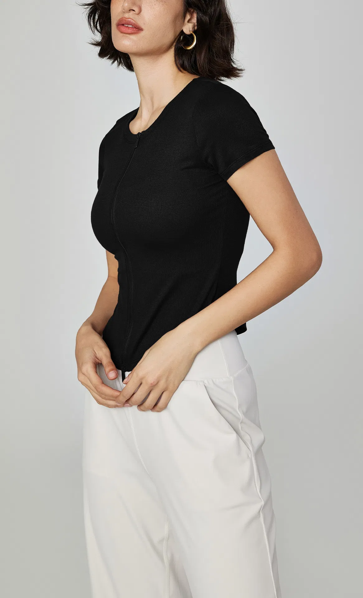 Camiseta Esportiva Slim Fit Feminina com Gola Redonda e Zíper, Roupas de Yoga Casuais, Cintura Slim, Roupas de Treino de Manga Curta para Academia