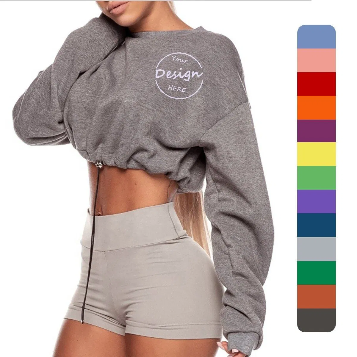 Moletom Crewneck Cortado Personalizado Atacado Fleece Solto Casual Corrida Respirável Roupas Femininas Esportivas com Cordão