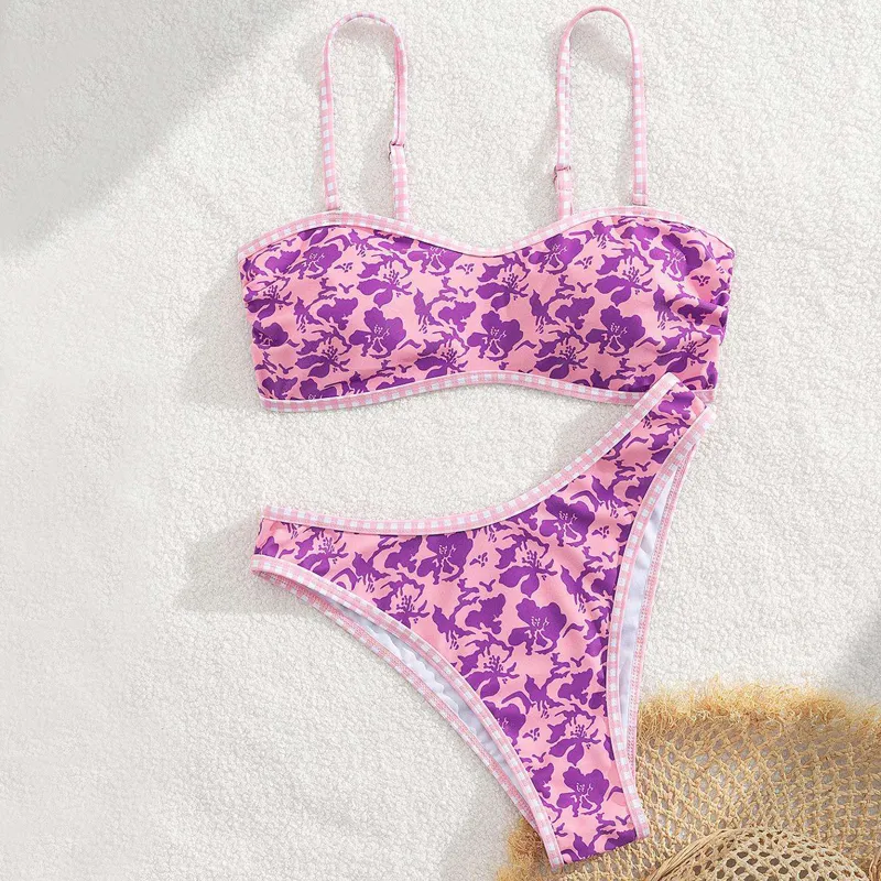 Conjunto de Biquíni Dois Peças Tanga Cintura Alta Controle de Barriga Estampado Moda Praia para Mulheres