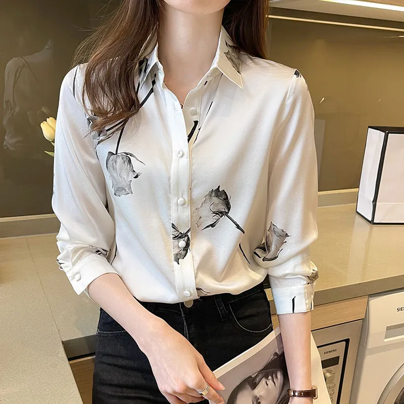 Blusas de Seda Satinada para Mulheres, Camisas de Moda Coreana com Manga Longa, Camisa com Botão, Roupas para Escritório, Lady Floral com Decote em V