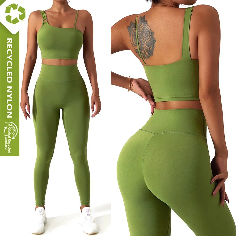 Fábrica de Roupas Tianchen Design OEM/ODM Conjuntos de Yoga Femininos, Roupas de Fitness Sustentáveis e Bonitas, Top de Academia em Tecido Reciclado + Leggings para Exercícios