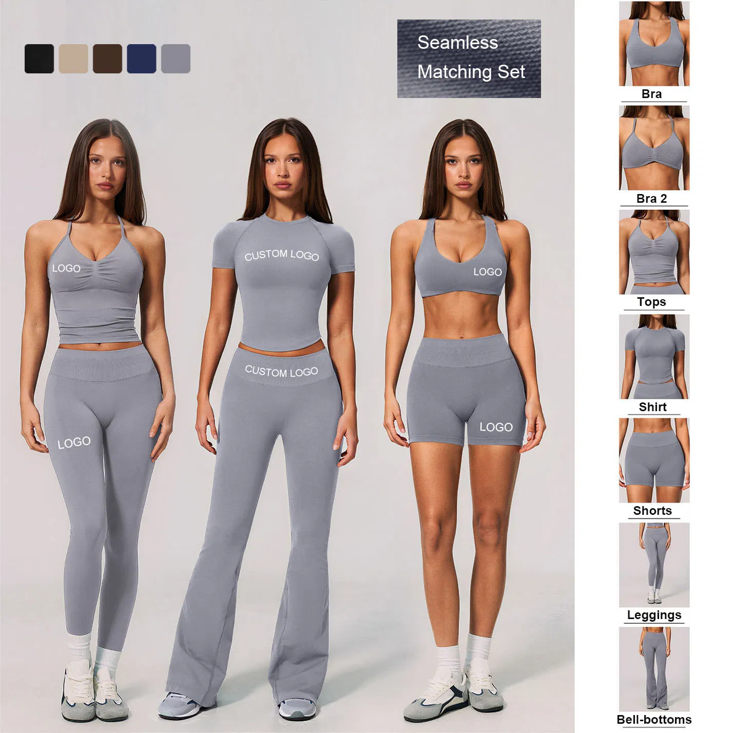 Roupas de Marca Privada para Mulheres: Topos Halter, Camisetas, Calças Leggings, Calças Boca de Sino 7pieces
