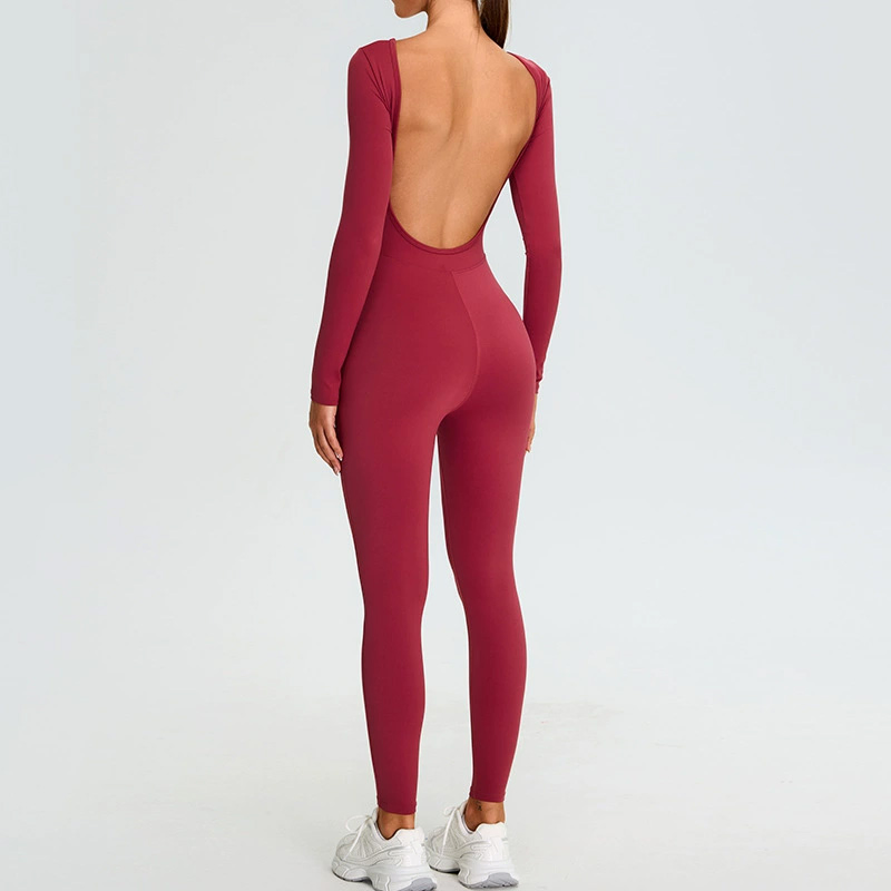 Roupas Femininas Personalizadas, Nude Sense, Macacão de Yoga de Manga Longa, Traje Esportivo com Costas Bonitas em Forma de U, Conjunto para Corrida e Fitness
