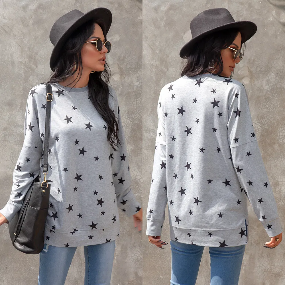2020 Nova Moda Feminina Transfronteiriça Estilo Quente Roupas Longa Manga Solta Decote em V Camiseta Estampada Roupas Femininas