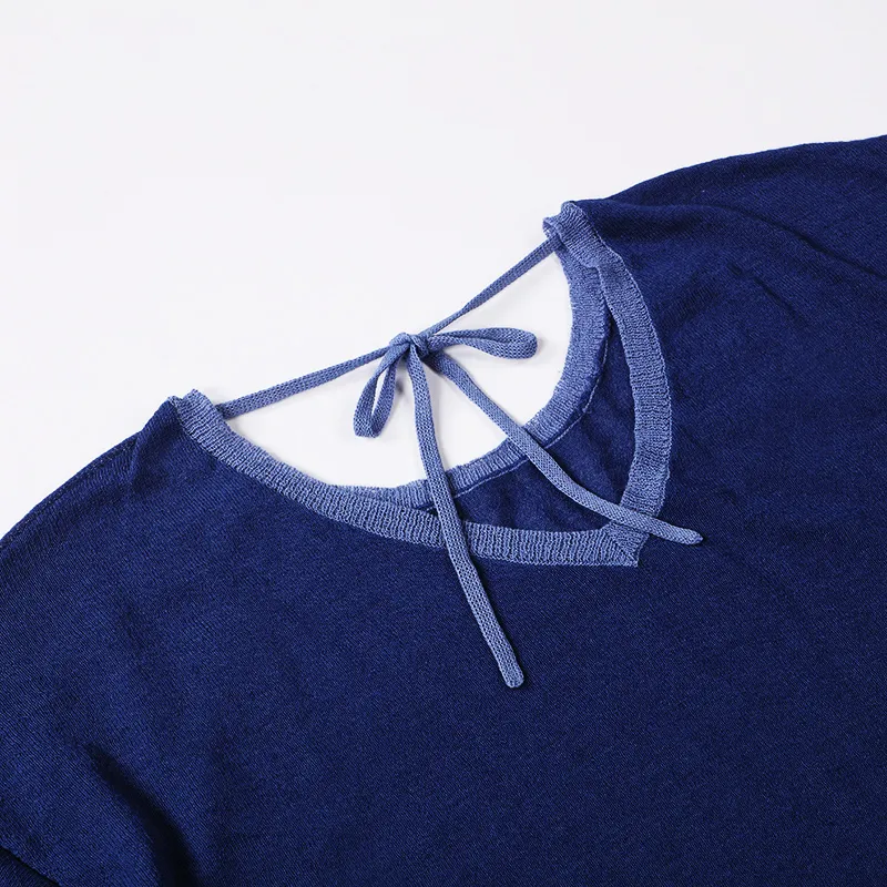 Suéter de malha feminino de verão com gola redonda estilo colegial azul marinho, manga curta