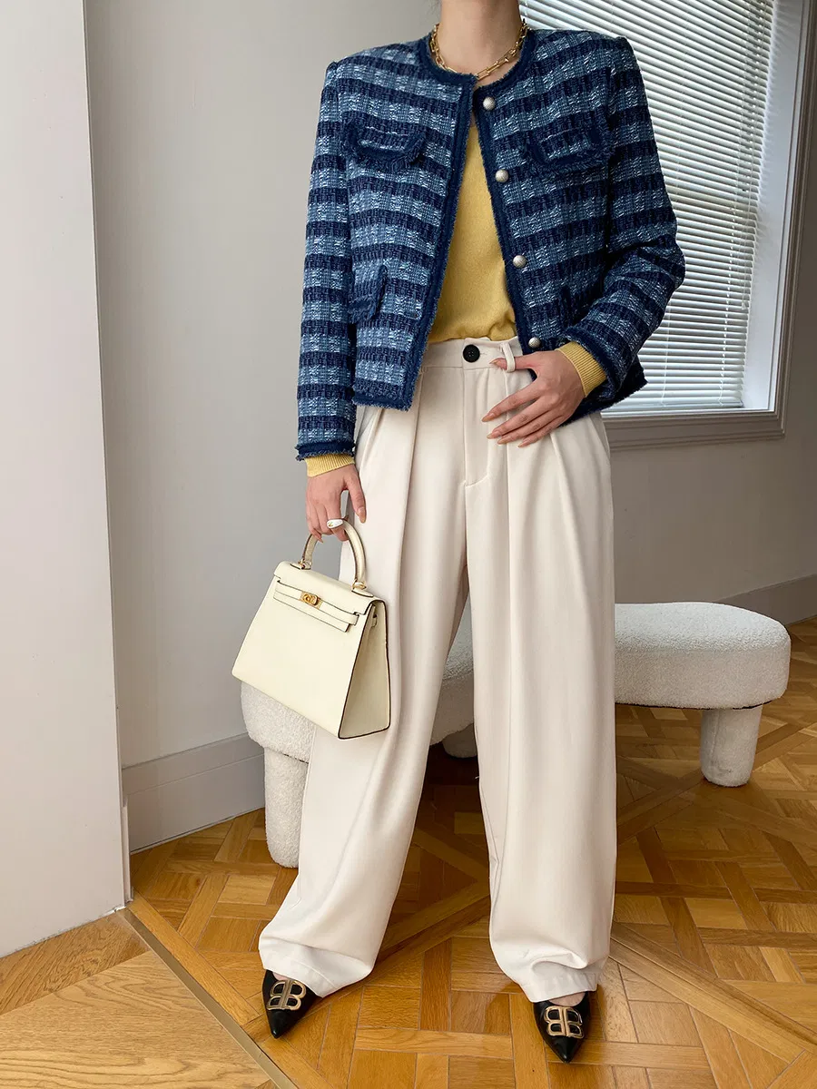 Casaco Curto Feminino Nnr Tricotado Primavera Coreano de Manga Longa Tweed para Mulheres