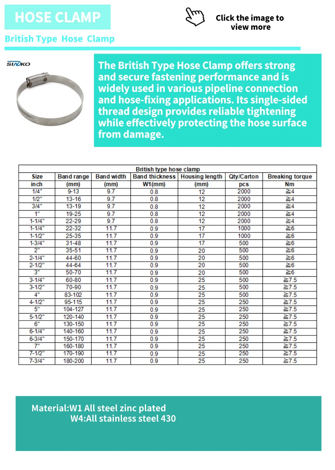 Adjustable Stainless Steel British Type Hose Clamp with Swivel Clamp Structure