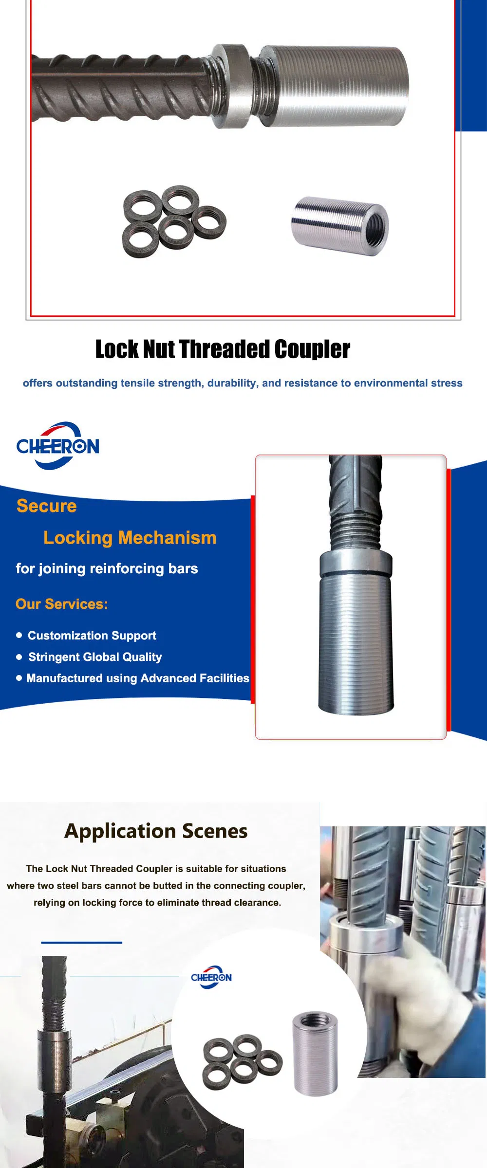 Heavy-Duty Thread Coupler Reinforcing Rebar Splicing Coupler with Lock Nut for Sale