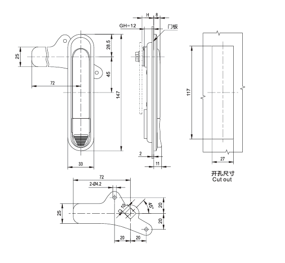 7000-2 Zinc Alloy Base Handle Button and Cylinder Steel Cam and Nut Swing Handle and Lever Latches