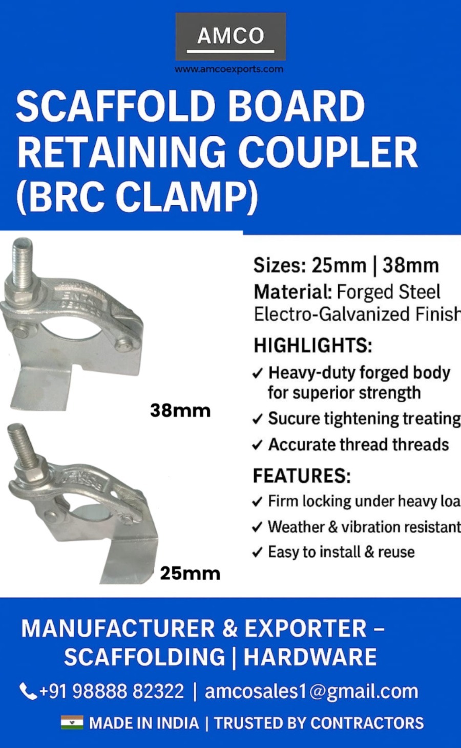 Forged BRC Clamp Scaffolding Board Retaining Coupler 25mm &amp; 28mm Electro Galvanized
