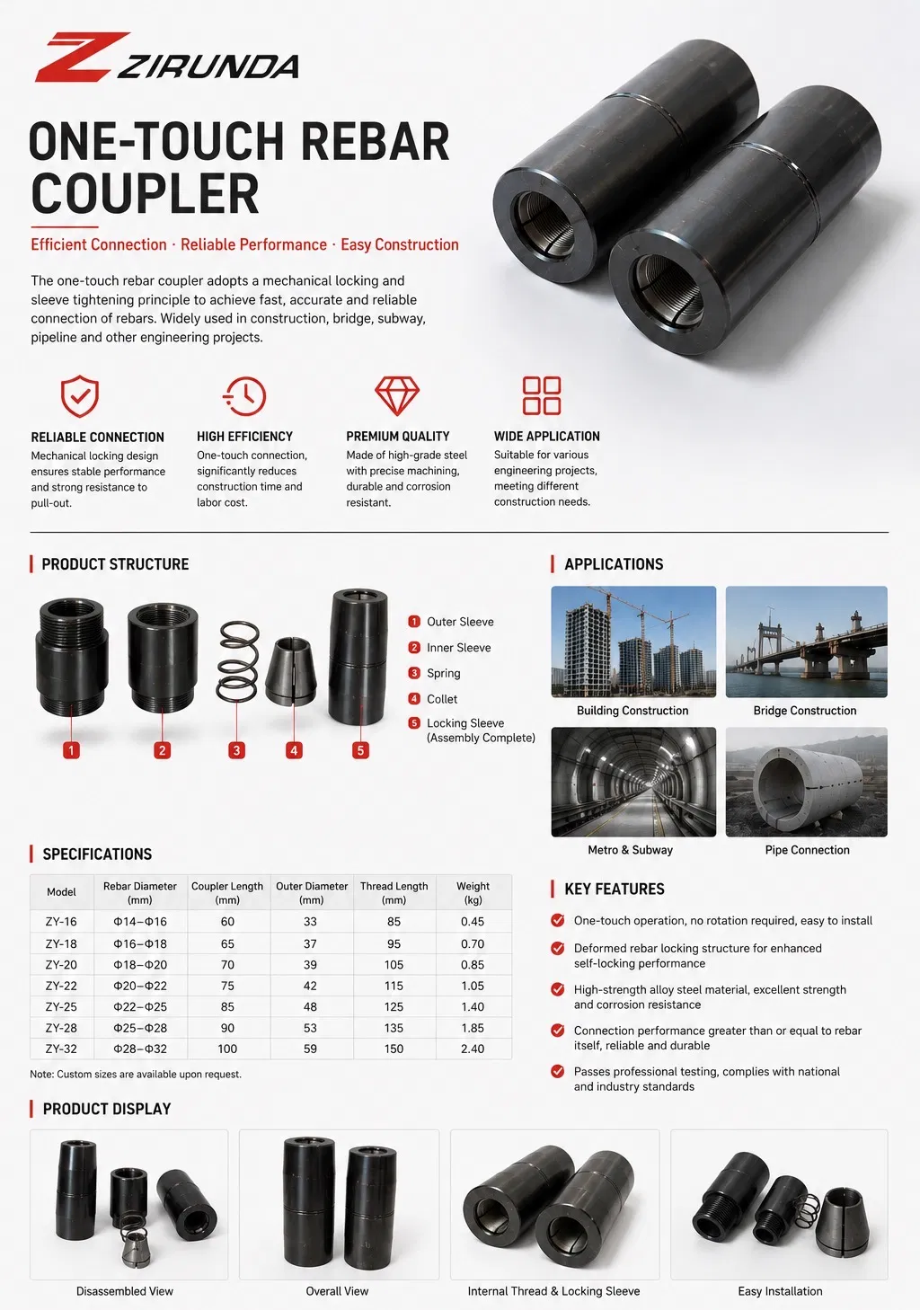 One-Touch Rebar Coupler Specifications