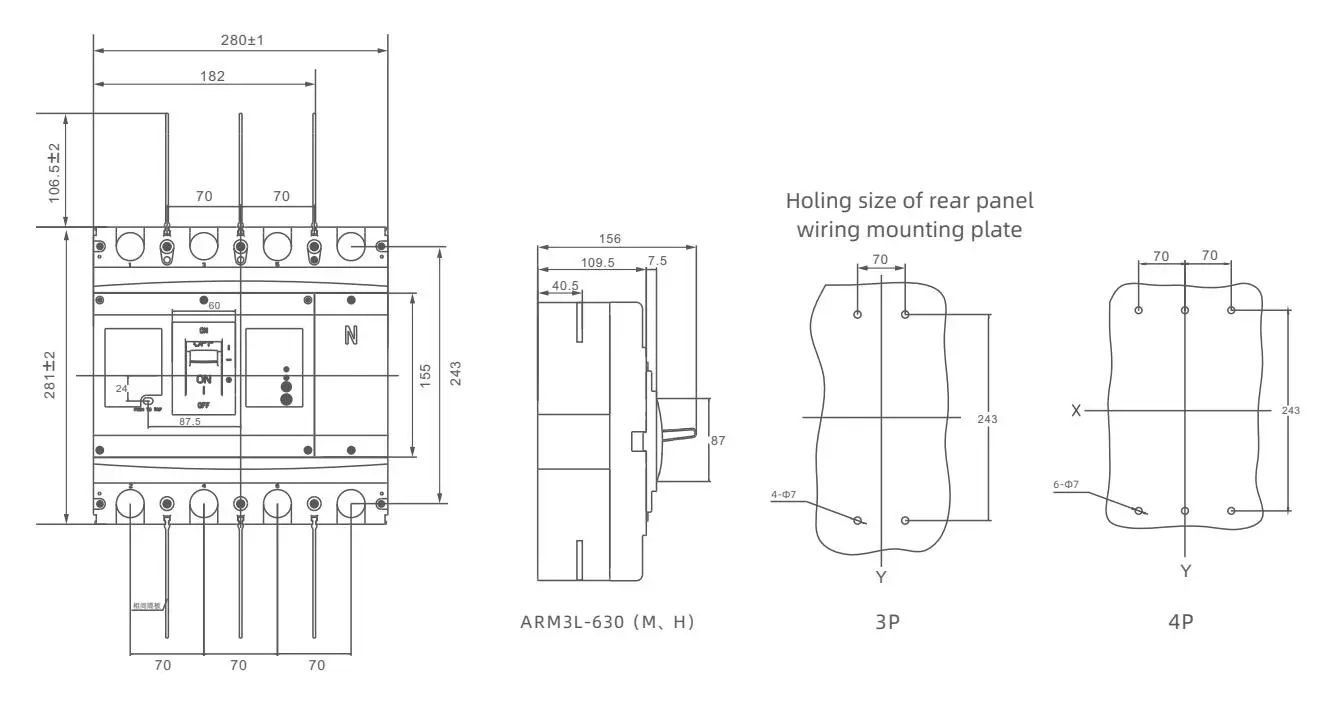 Front panel wiring dimensions detail 2