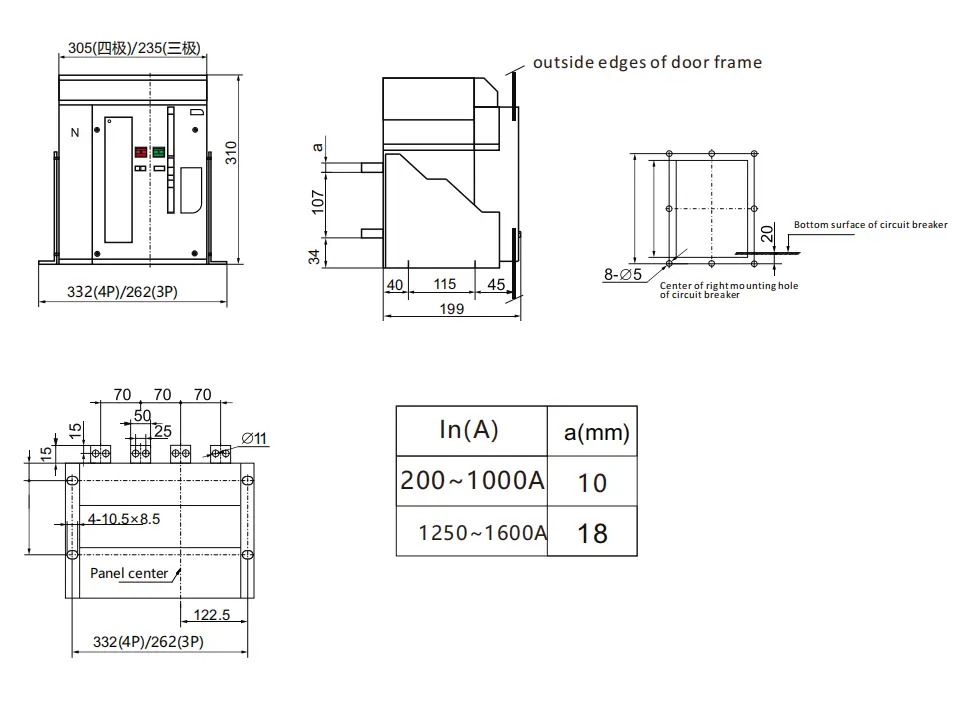 ARW1-1000 fixed circuit breaker overall and installation dimension