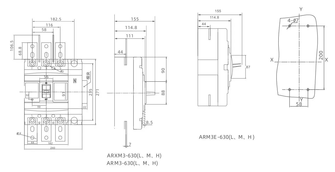 Front panel wiring dimensions detail 1