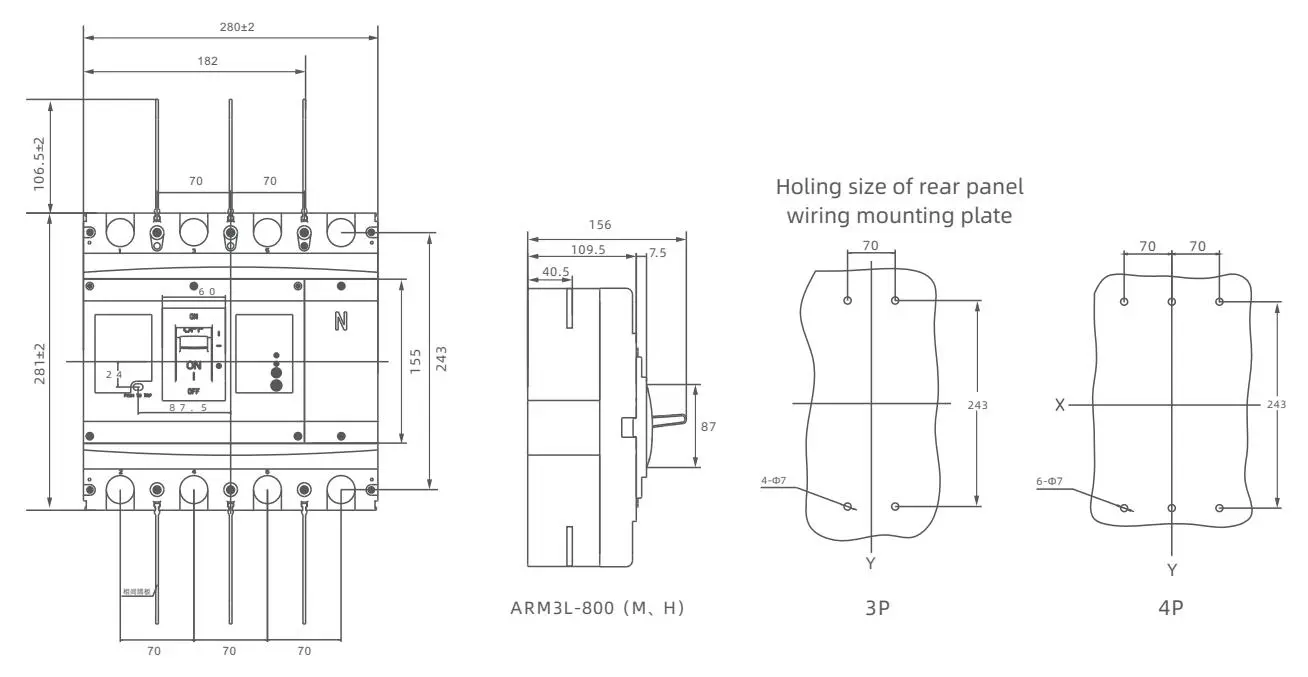 Front panel wiring dimensions 2