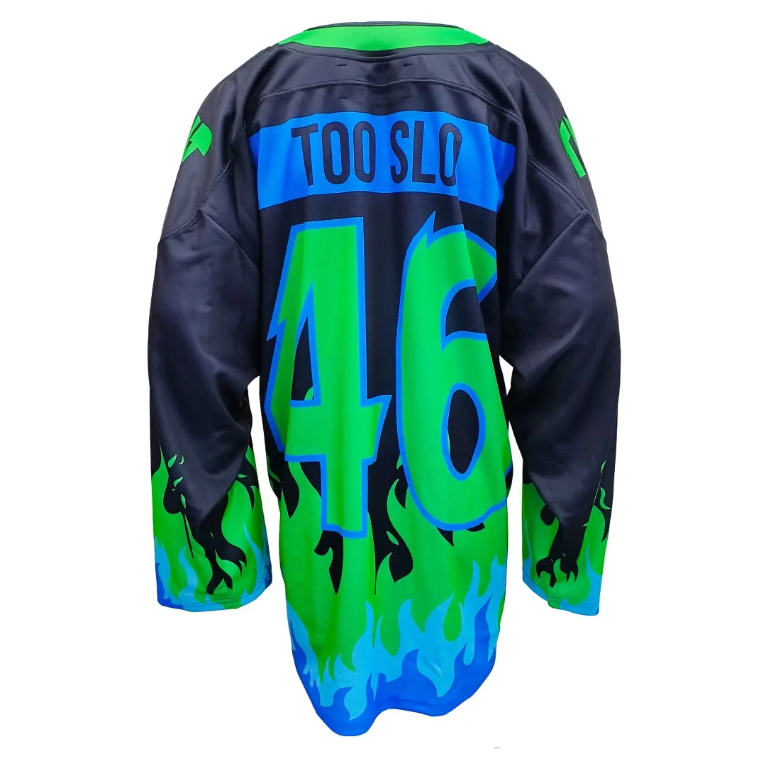 Wholesale Fluorescent Color Cartoon Flame Print Hockey Jersey -Sublimation Printed Team Customizable Streetwear Hip Hop Sportswear Manufacturers, Factories
